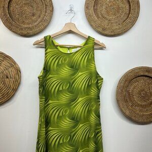 Vintage Y2K 2000s Santa Fe Green Funky Print Lined Sleeveless Midi Dress Medium